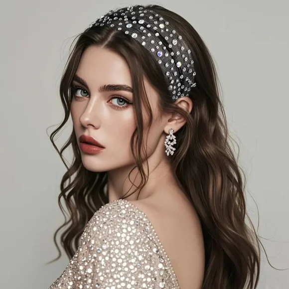 Rhinestone Wide Headband, Black Mesh, Crystal Rhinestones NEW - Picture 1 of 7